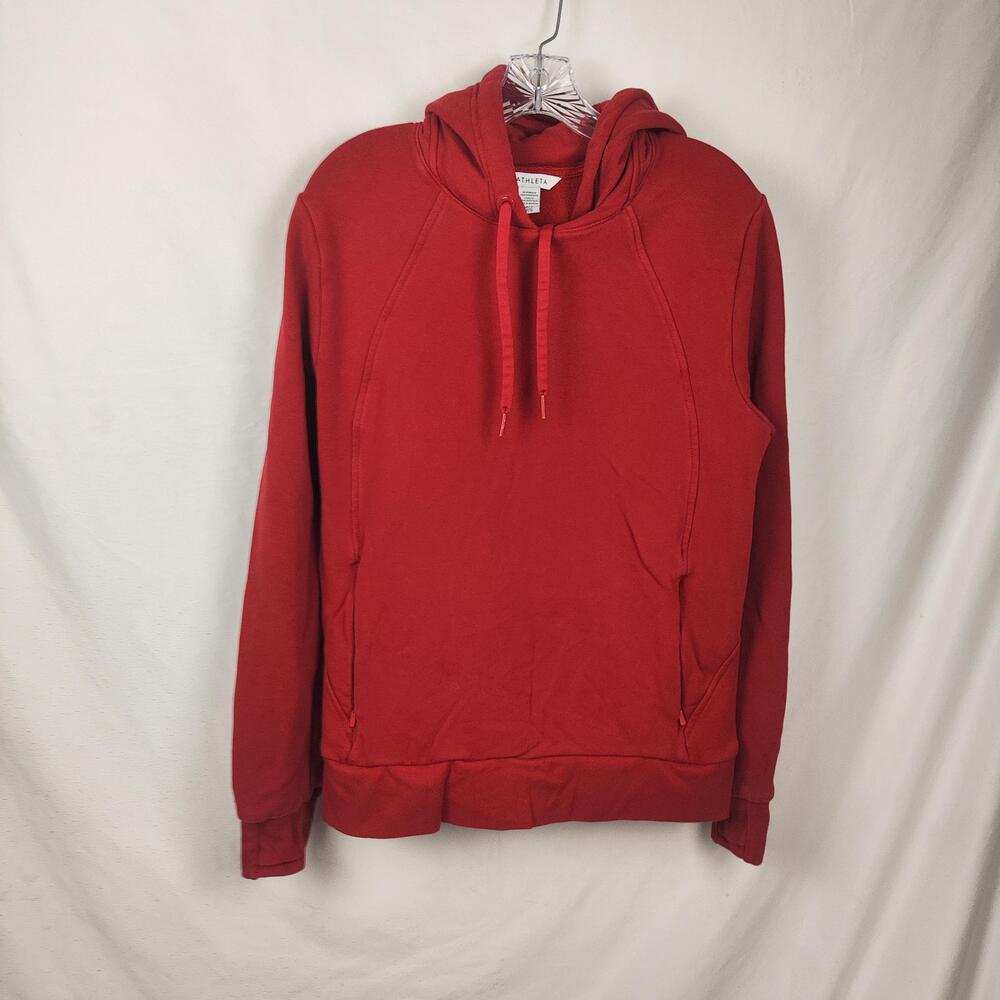 Athleta Hoodie Womens Medium Red Fleece Pullover Raglan Zip Pockets Crew Neck